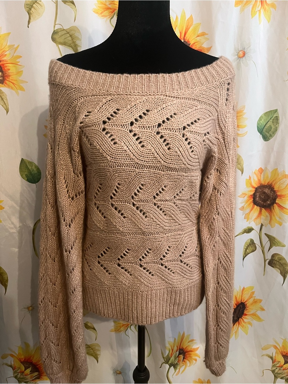 Abercrombie & Fitch Blush Off-the-Shoulder Cable Knit Sweater